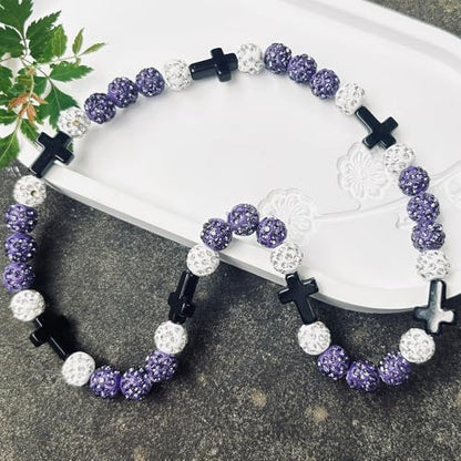 Baseball Bead Cross Necklace for Boys Kids, Elastic Rhinestone Bling Necklace Drip Gifts for Teens Players - color: Black Cross/Purple/White