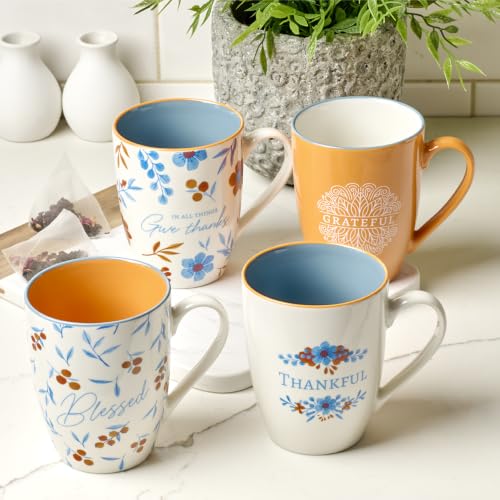 Christian Art Gifts Floral Ceramic Coffee Mug Set: In All Things Give Thanks