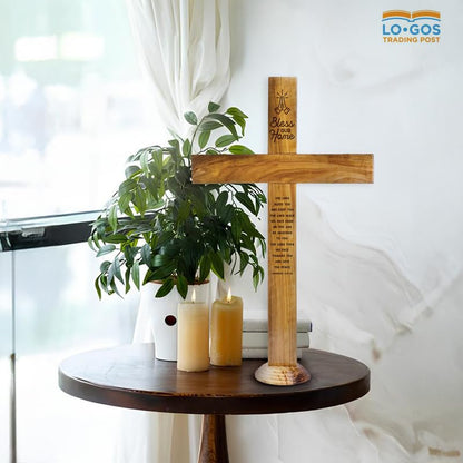 Bless Our Home Memorial Cross Stand for Desk - Genuine Handcrafted Olive Wood Large Wooden Cross From the Holy Land, Engraved Tabletop Cross Statue, Keepsake Religious Gifts for Loss of Loved One - color: Bless Our Home