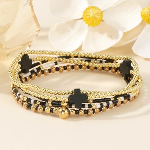 Gold Beaded Bracelets Stack for Women Stackable 14K Gold Plated Beads Ball Cross Bracelet Boho Christian Jewelry Faith Friendship Birthday Gifts for Women - color: Black