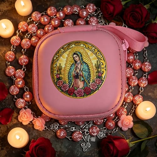 Handmade Rosary Beads for Women, Elegant Catholic Gifts for First Communion, Confirmation & Spiritual Prayer, Unique Beaded Rosary Necklace with Zippered Case - color: Pink - Our Lady of Guadalupe
