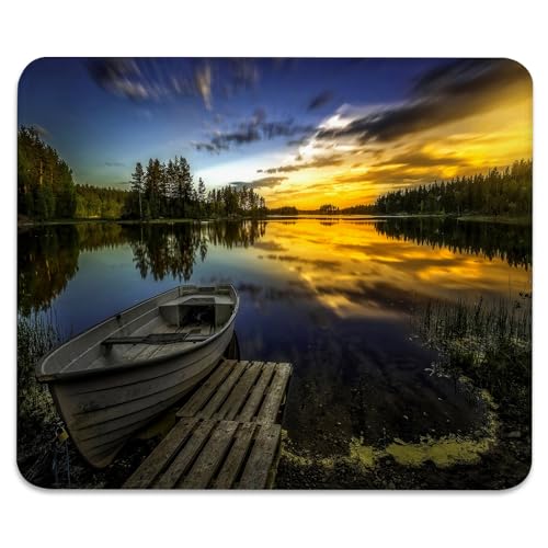Boat at Lake Shore Mouse Pad, Rustic Bridge Wooden Pier Sunset Desk Mat - color: Boat at Lake