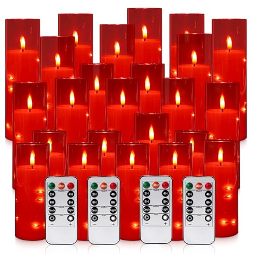 24-Pack Flameless LED Candles with Star String Lights - Red Acrylic Pillar, Realistic Flickering, Remote Control & Timer for Home Decor, Wedding, Christmas - color: 24String-Red
