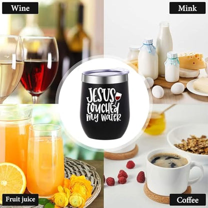 ATHAND 12oz Jesus Touched My Water Stainless Steel Wine Tumbler with Lid - color: Jesus Touched My Water Wine Tumblers-Black