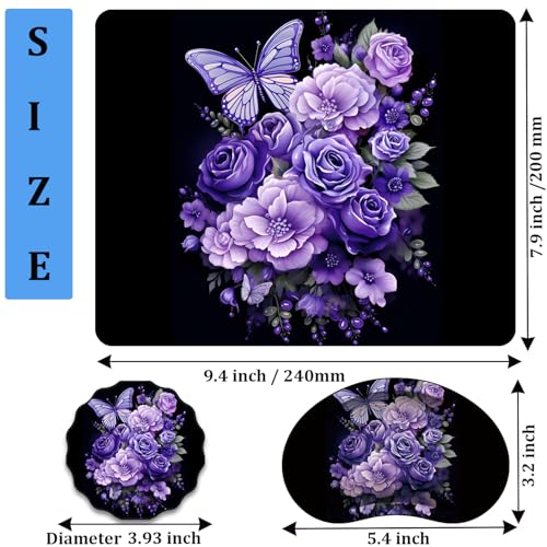 Mouse Pad 9.4"x7.9" + Wrist Support Pad + Embroidered Cup Pad Non-Slip Set, Ergonomic Mouse Wrist Support Pad, Suitable for Office/Gaming/Home Use, Butterfly and Purple Flowers - color: Butterfly and Purple Flowers
