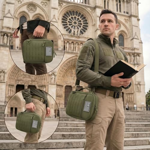 Tactical Bible Cover for Men, Large Bible Case with Shoulder Strap & US Flag Patch, Water Resistant Bible Carrier Bag with Handle, Multi Pockets for Church Study & Travel （Green） - color: Green
