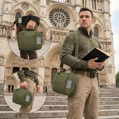 Tactical Bible Cover for Men, Large Bible Case with Shoulder Strap & US Flag Patch, Water Resistant Bible Carrier Bag with Handle, Multi Pockets for Church Study & Travel （Green） - color: Green