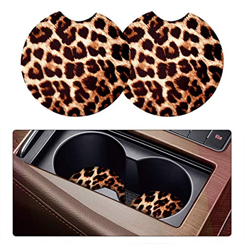 2 Pack Car Coasters for Drinks - 2.75 Inch Cute Cup Holder Coasters for Women, Removable Absorbent Coaster, Interior Accessories for Women & Girls (Yellow Leopard) - color: Yellow Leopard