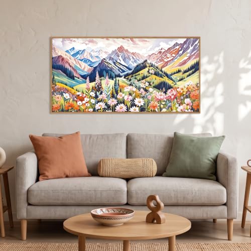 Colorful Floral Mountain Landscape Framed Canvas Wall Art- 40"x20"x1 - color: Pink Mountain Landscape Wall Art, size: 40"L x 20"W