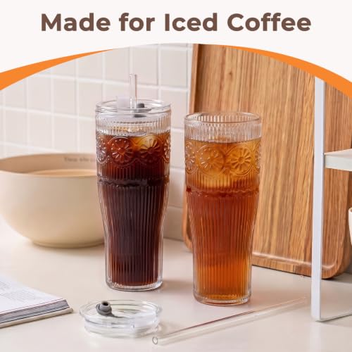 GOSCHE 20 oz Iced Coffee Cups with Lids, Glass Cups with Lids and Straws, Borosilicate Glass Tumbler for Coffee,Tea and Water, 2 Pack, Daisy