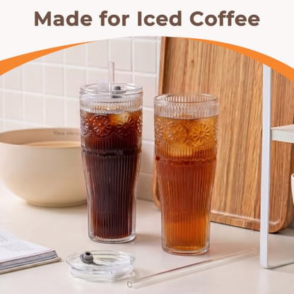 GOSCHE 20 oz Iced Coffee Cups with Lids, Glass Cups with Lids and Straws, Borosilicate Glass Tumbler for Coffee,Tea and Water, 2 Pack, Daisy