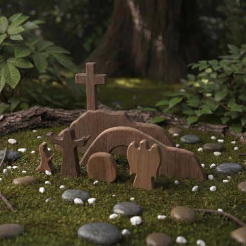 Wooden Empty Tomb Easter Scene Cross Decoration, 7-Piece Jesus Resurrection Nativity Set, Religious Christian Tabletop Decor for Home Office Church
