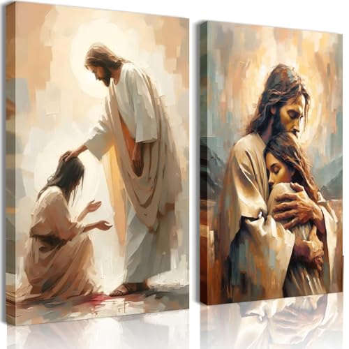 2Pcs Christian Wall Art Jesus Hug Woman Wall Decor Safe Haven Poster Canvas Print Christian Spiritual Painting Bible Art Picture Jesus and Girl Mural for Living Room Bedroom Office 12x16in Canvas - size: 12L" x16W"