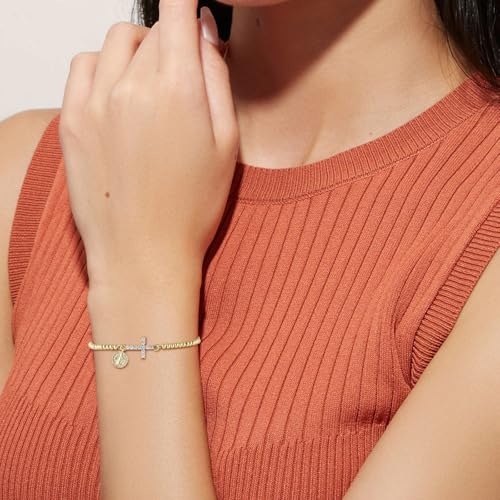 HZMAN 14K Gold Plated Cross Bracelet for Women, Brass Adjustable Bolo Bracelet with CZ, Religious Saint Benedict/Virgin Mary/Jude Pendant Jewelry Gift - color: Saint Benedict
