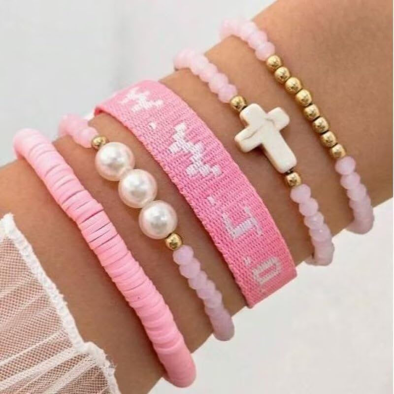 WWJD Bracelets Set WWJD Wristbands Christian Cross Bracelet Stackable Clay Bead Bracelets Stretch Glass Beaded Inspirational Christian Jewelry Gift for Couples Women Men - color: 5 Pcs Pink