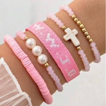 WWJD Bracelets Set WWJD Wristbands Christian Cross Bracelet Stackable Clay Bead Bracelets Stretch Glass Beaded Inspirational Christian Jewelry Gift for Couples Women Men - color: 5 Pcs Pink