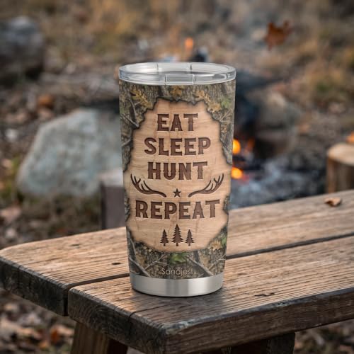 SANDJEST Hunting Tumbler 20oz, Stainless Steel Travel Cup with Lid, Eat Sleap Hunt Repeat Insulated Coffee Mug, Hunting Gifts for Men Friends Dad Grandfather on Birthday Christmas - color: Hunting