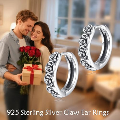 AOBOCO Black Hoops Earrings for Men Sterling Silver Viking Celtic Cross Heart Skull Round Triangle Hoop Earrings Birthday Father Day Christmas Jewelry Gifts for Men Women Friends - style: Rose Hoops