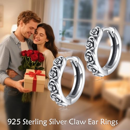 AOBOCO Black Hoops Earrings for Men Sterling Silver Viking Celtic Cross Heart Skull Round Triangle Hoop Earrings Birthday Father Day Christmas Jewelry Gifts for Men Women Friends - style: Rose Hoops