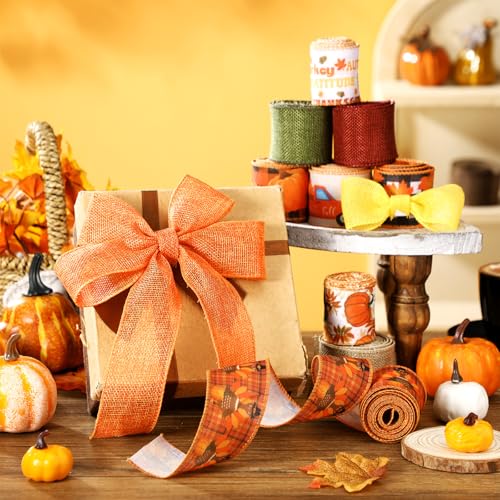 12 Rolls 60 Yard Fall Wired Ribbon for Wreath Craft Bow - style: Maple Leaves