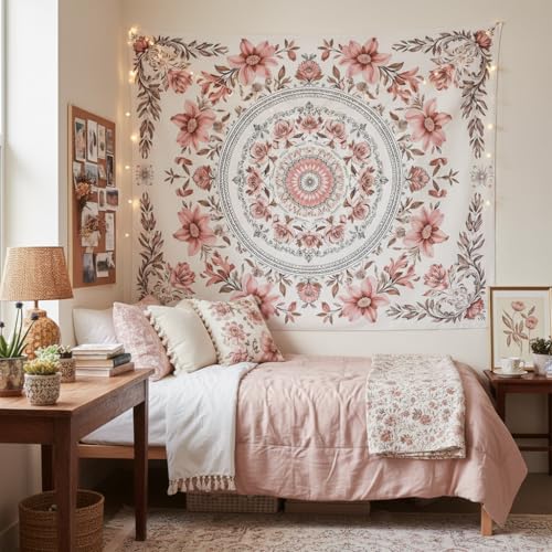 Motanber Pink Floral Tapestry Wall Hanging Boho Mandala Medallion Tapestry Aesthetic Watercolor Flower Cute Large Tapestries for Bedroom Living Room Dorm Decor 80 x 60 Inch - color: Light Pink, size: 80"L x 60"W