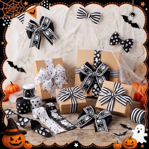 12 Rolls 60 Yard Ghost Halloween Wired Ribbon for Wreath Craft Bow - style: Black Ghost