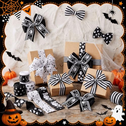 12 Rolls 60 Yard Ghost Halloween Wired Ribbon for Wreath Craft Bow - style: Black Ghost