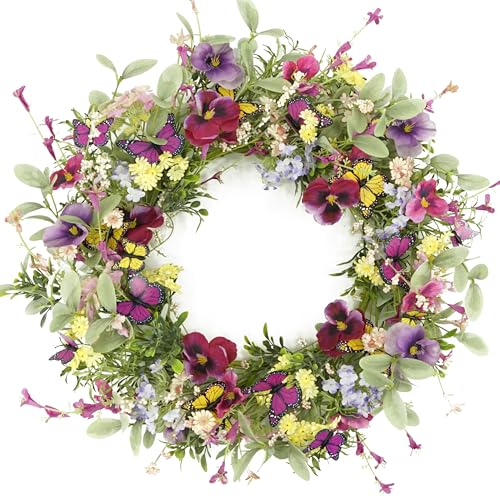 AMF0RESJ Artificial Spring Wreaths for Front Door Pansy Wreath Summer Wreath with Colorful Pansy,Berry,Daisy for Front Door Indoor Outdoor Farmhouse Home Wall Window Festival Decoration