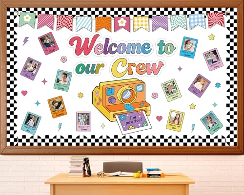 Retro Remix Bulletin Board Decoration Set Welcome to Our Crew Classroom Decorations Groovy Vintage Camera Retro DIY Photo Craft Paper Cutouts for Back to School Chalkboard Wall Door Decor - style: Retro Remix