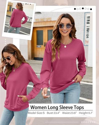 TICTICMIMI Women's Casual Crewneck Sweatshirts Cute Loose Fit with Pockets - color: C- Hot Pink, size: Small