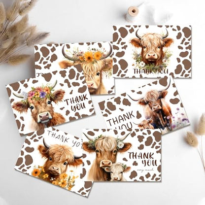 60 Pieces Highland Cow Baby Shower Thank You Cards,Baby Farm Thank You Cards Includes 30 Pieces Envelopes and 30 Pieces Highland Cow Cards with Stickers for Baby Shower Bridal Wedding - color: highland cow