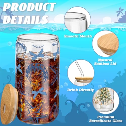 Teenyyou 12 Set of Shell Glasses with Bamboo Lid and Glass Straw 16 oz Summer Drinking Cup Beer Iced Coffee Cup Tumbler Mugs for Teacher's Day Gift Holiday Party Office - style: Shell