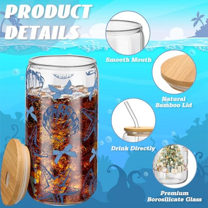 Teenyyou 12 Set of Shell Glasses with Bamboo Lid and Glass Straw 16 oz Summer Drinking Cup Beer Iced Coffee Cup Tumbler Mugs for Teacher's Day Gift Holiday Party Office - style: Shell