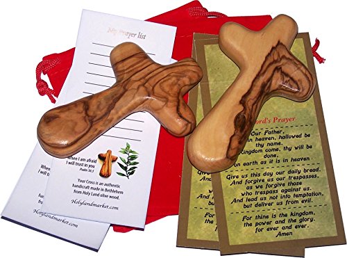 Holy Land Imports 2 Olive Wood Holding Crosses Comes with Velvet Bag & Certificate