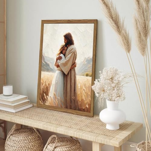 Framed 3D Textured Christian Wall Art - Jesus Embracing Woman Wall Decor Paintings, Hand-Drawn Sandstone Pictures Prints Religious Home Decor for Living Room Church Prayer Room Bedroom 16x24 inch - color: Embrace, size: 24"L x 16"W