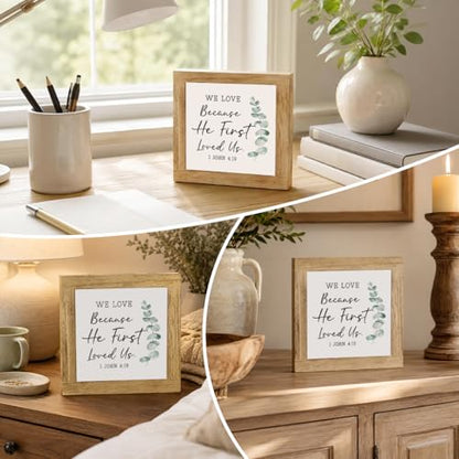 Farmhouse Decor, We Love Because He First Loved Us 1 John 4:19, Christian Wood Shelf Sign, Living Room Bedroom Accent, Housewarming Gift, Holiday Gift, 5.9 x 5.9 in - color: Religion Sign 05