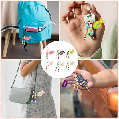 24Sets Christian Keychain Making Craft Kit with Wood Jesus Fish&Letter Beaads&Adjustable Rope,DIY Church Keychain Backpack Religious Keychains Cross Charm for Sunday Church School First Day Gifts