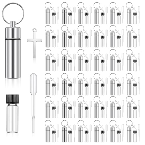 40 Sets Silver Anointing Oil Bottles Keychain Vial Holy Water Container with Dropper Cross Pendant for Baptism Favor