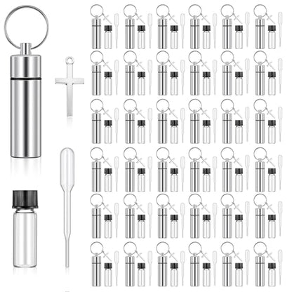 40 Sets Silver Anointing Oil Bottles Keychain Vial Holy Water Container with Dropper Cross Pendant for Baptism Favor