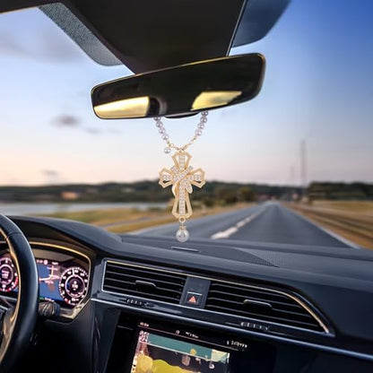 Car Rear View Mirror Hanging Cross Charm, Christian Car Accessories, Rearview Mirror Accessories, Cross for Car, 18K Gold Plated Brass with CZ Crystals & Pearl Beads, Faith Gift for Drivers Safe Travel