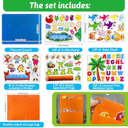 5 Set Felt Board Stories Pieces for Toddlers，1 Flannel Board With 5 Little Ducks,5 Little Monkeys Jumping on The Bed,5 Green Speckled Frogs,Baby Shark,26 letters for Preschool Learning Activities