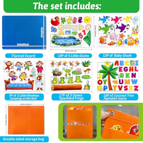 5 Set Felt Board Stories Pieces for Toddlers，1 Flannel Board With 5 Little Ducks,5 Little Monkeys Jumping on The Bed,5 Green Speckled Frogs,Baby Shark,26 letters for Preschool Learning Activities