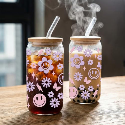 JEKUGOT Cute Smile Glass Cup, Aesthetic Iced Coffee Cup, 16oz Flower Glass Cups with Lids and Straws, Smiley Face Tumbler Gifts for Women and Girls, Birthdays Party Supplies, Incentives