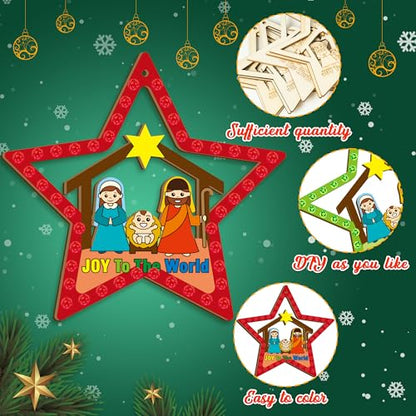 BeYumi Christmas Wooden Star Craft - 20Pcs DIY Wooden Star Ornaments Craft Kit for Kids Make Your Own Nativity Stars Christian Religious Xmas Craft with Gem Sticker Church Party Decoration Supplies - style: Star