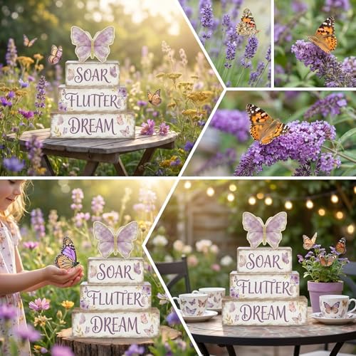 Britimes Tiered Tray Decor Set, 4 Pack, Wooden Table Sign, Butterfly Floral - style: Butterfly