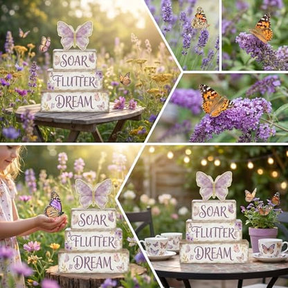 Britimes Tiered Tray Decor Set, 4 Pack, Wooden Table Sign, Butterfly Floral - style: Butterfly