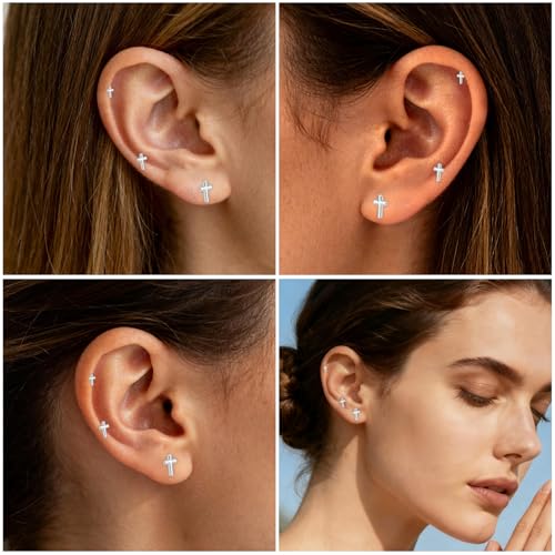 3pcs Cross Stud Earrings, 3 Size Flat Back Cross Stud Cartilage Piercing Jewelry for Women Men - color: Silver