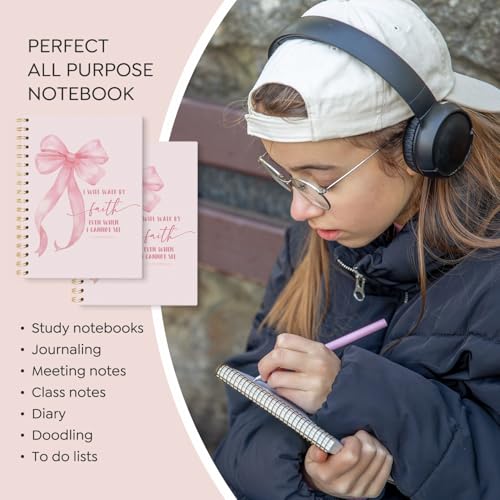 2 Corinthians 5:7 Bible Verse Lined Notebook Hardcover, Girly Preppy Bow Religious College Ruled Notebook Journal - color: coquette bow