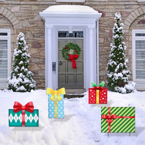 Christmas Yard Sign Decorations Outdoor Christmas Four Gift Boxes Yard Signs with Metal Stakes for Xmas Holiday Party Lawn Sign Garden Decor Outdoor Yard Signs - style: Gift boxes