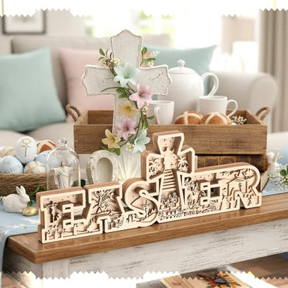 Easter Table Decorations Christianity Is Risen Easter Resurrection Scene with Cross Laser Cut Religious Christian Tabletop Centerpiece Jesus Nativity Scene for Home Church Tiered Tray Decor - style: Nativity Scene